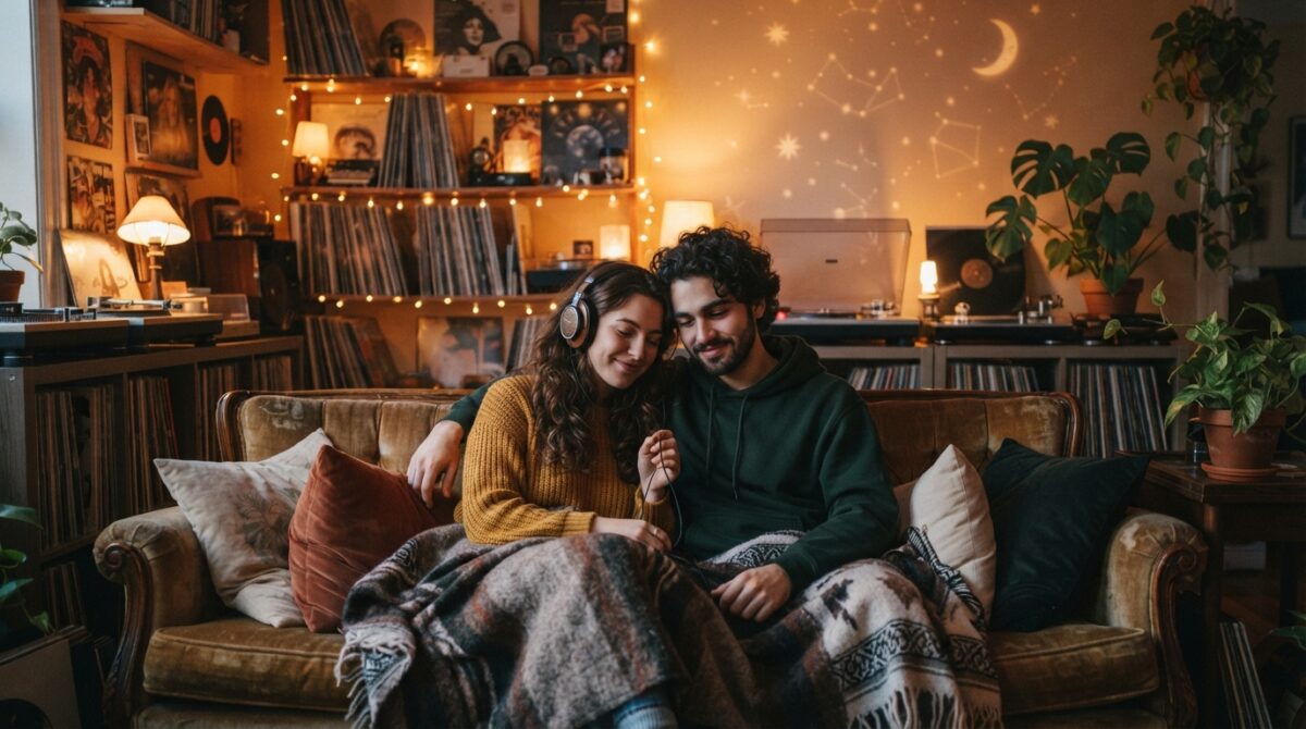Two people sharing headphones and listening to music in a cozy, aesthetically lit room filled with vinyl records and celestial ambient lighting.