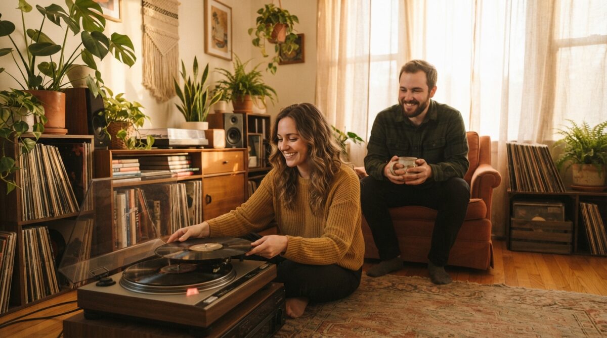 Two people sharing an intentional, peaceful moment by a vinyl record player in a warm sunlit living room.